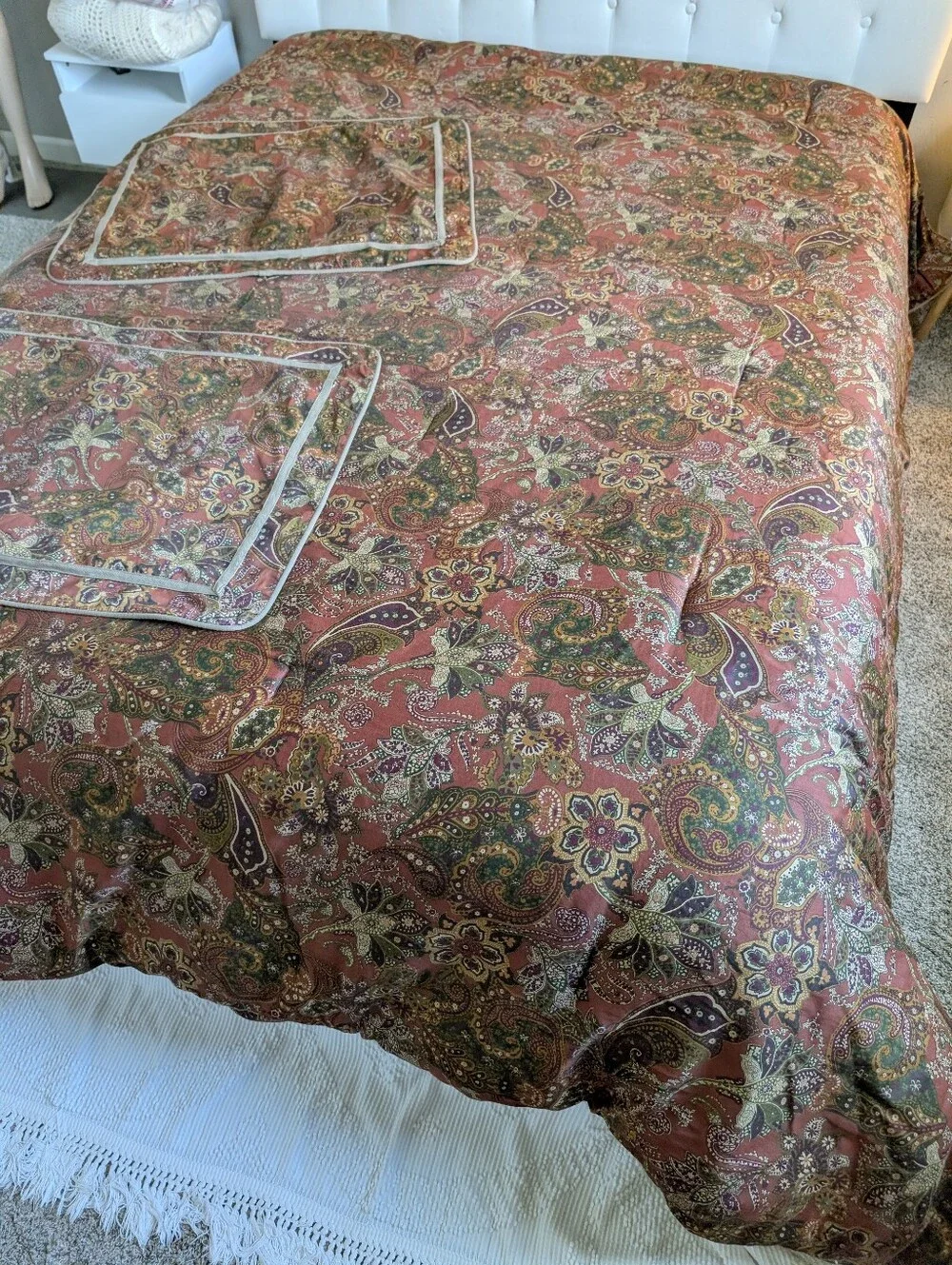 Chaps Home Rust Brown Satin Jacobean Botanic Queen Comforter Striped Reversed